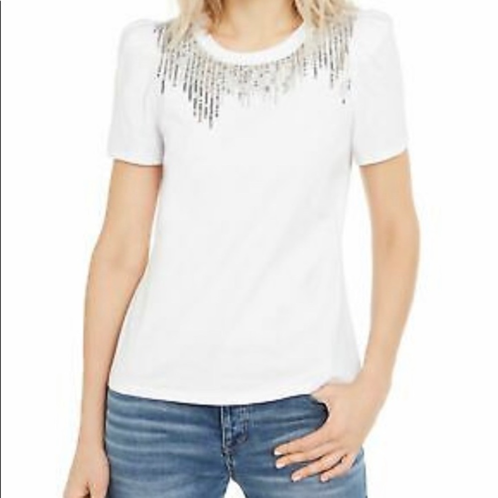 INC Sequin-Fringe White Cotton Crewneck T-Shirt - Small